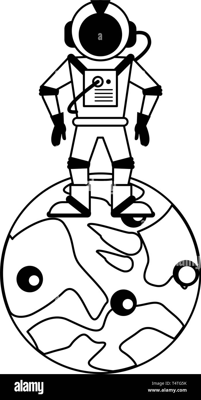 Astronaut on moon cartoon isolated in black and white Stock Vector