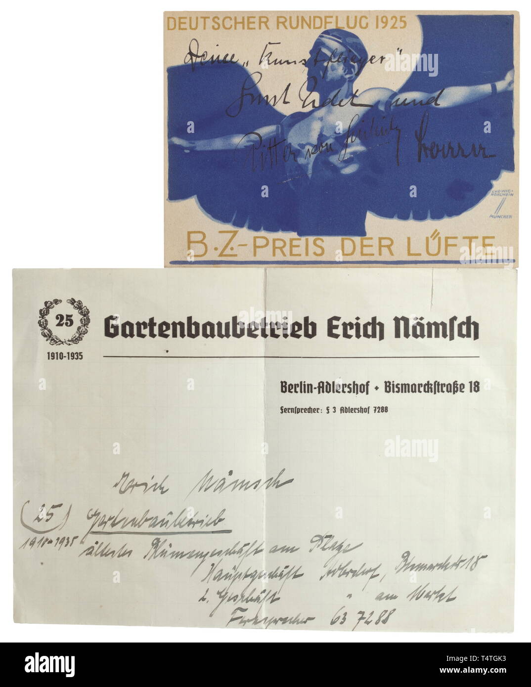 A dedication postcard from legendary pilots of World War I To former pilot Erich Nämsch, 1925. Colour postcard "Deutscher Rundflug 1925" with reverse dedication by Franz Immelmann (brother of Max Immelmann) "Herrn Nämsch, dem Kameraden meines Bruders zur Erinnerung Franz Immelmann" (tr. "To Herr Nämsch, comrade of my brother in remembrance, Franz Immelmann") beneath which in lead pencil, indelible pencil or ink are the autographs of Gustav Kastner-Kirdorf, Günter Korten, Erhard Milch, Lothar von Richthofen, Hugo Sperrle, Emil Zenetti, Harry von Bülow, Kurt Student, Ernst Ud, Editorial-Use-Only Stock Photo