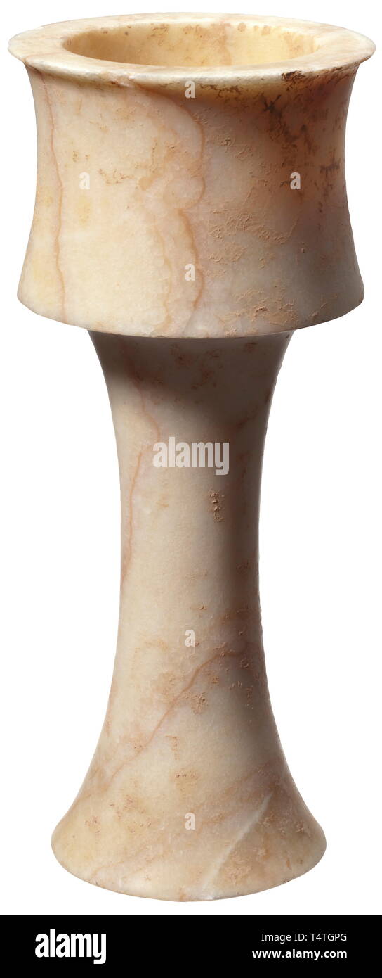 A Bactrian alabaster goblet, 2nd millennium BC. Solid vessel of finely veined alabaster with slender foot and slightly curved bottom. The constricted bowl with reinforced (minimally damaged) lip. Height 25.7 cm. Provenance: South German private collection, 1970s and later. historic, historical, ancient world, Additional-Rights-Clearance-Info-Not-Available Stock Photo