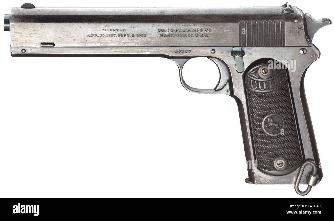 A Colt M 1902 (military) automatic pistol, cal..38, no. 37567. Bright bore, length 6'. Eight shots. Production year 1915. Contemporary British proof mark. Standard inscription of this number range on both sides. Original finish, partially patinated and spotted, thinner on grip. Black hard rubber grip panels with rampant colt. Lanyard ring. Magazine. Erwerbsscheinpflichtig. historic, historical, civil handgun, civil handguns, handheld, gun, guns, firearm, fire arm, firearms, fire arms, weapons, arms, weapon, arm, 20th century, Additional-Rights-Clearance-Info-Not-Available Stock Photo