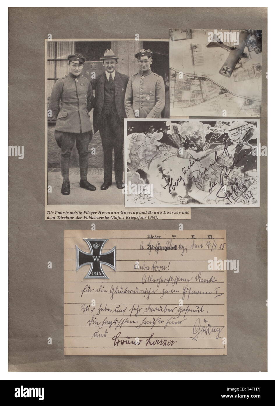 Hermann Göring, Bruno Loerzer and Anton Fokker - a joint congratulation card on the award of the Iron Cross 1st Class. Dated 7 April 1915, composed by Göring in ink, signed 'Göring' and 'Bruno Loerzer'. Together with an ink autograph 'Herzlichen Dank für die Bilder - Fokker 1917' (Heartfelt thanks for the pictures - Fokker 1917). Also, two photos and newspaper clippings mounted on cardboard. From the legacy of former First World War pilot G. Kirchhoff. historic, historical, troop, troops, armed forces, military, militaria, army, wing, group, air , Additional-Rights-Clearance-Info-Not-Available Stock Photo
