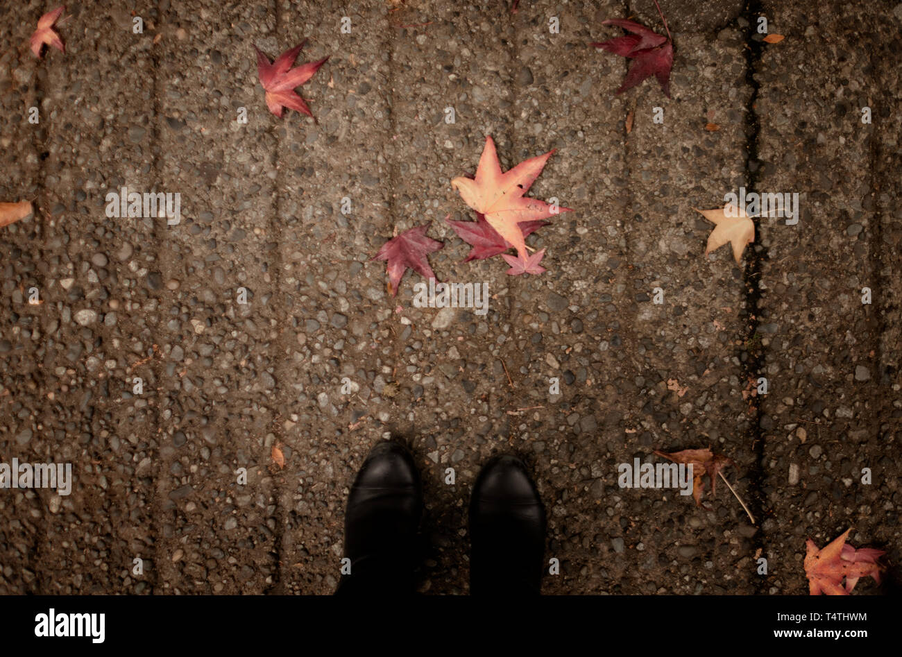 Two feet on a sidewalk in the fall with leaves on the ground Stock Photo