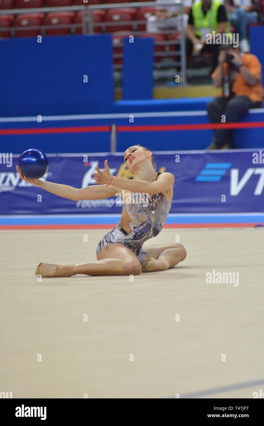 Boryana Kaleyn (BUL) of Bulgaria performs her ball routine during Qualifications, 36th FIG Rhythmic Gymnastics World Championships, September 11 2018 Stock Photo