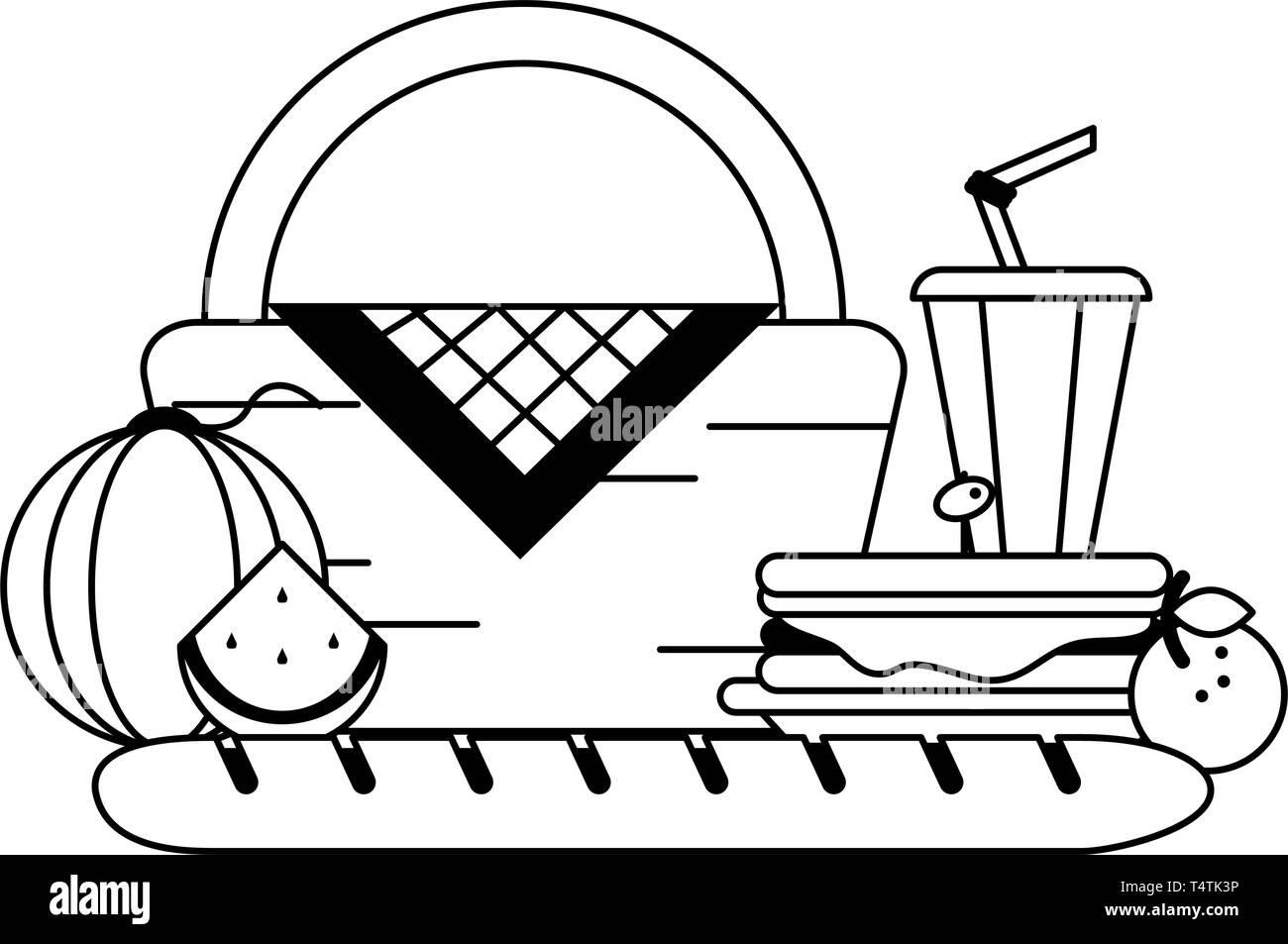 Picnic Basket With Food Products Black And White Stock Vector Image Art Alamy