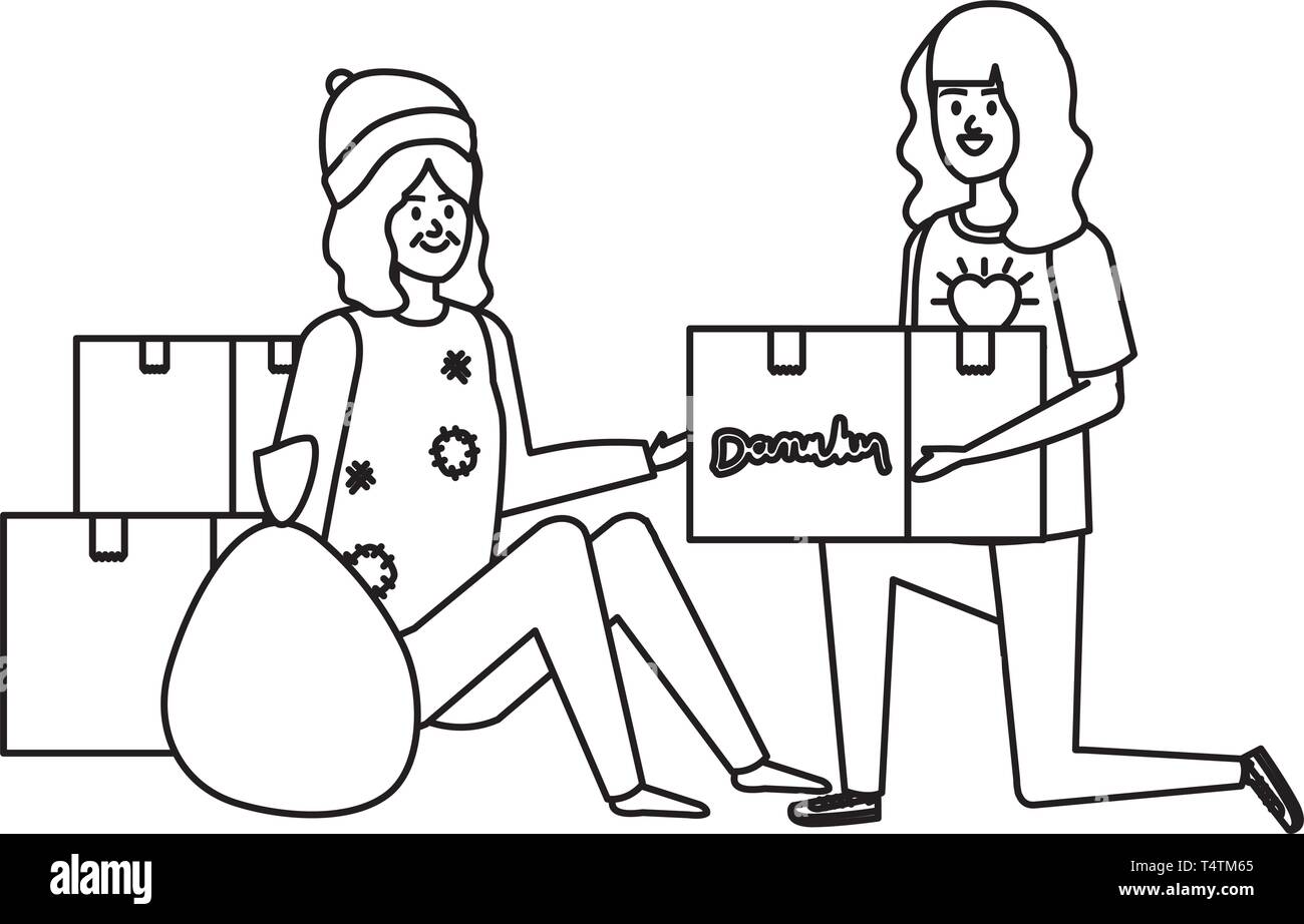 woman volunteer giving a homeless woman donations box Stock Vector ...