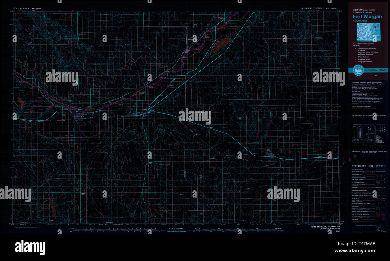 USGS TOPO Map Colorado CO Fort Morgan 403034 1980 100000 Inverted Restoration Stock Photo