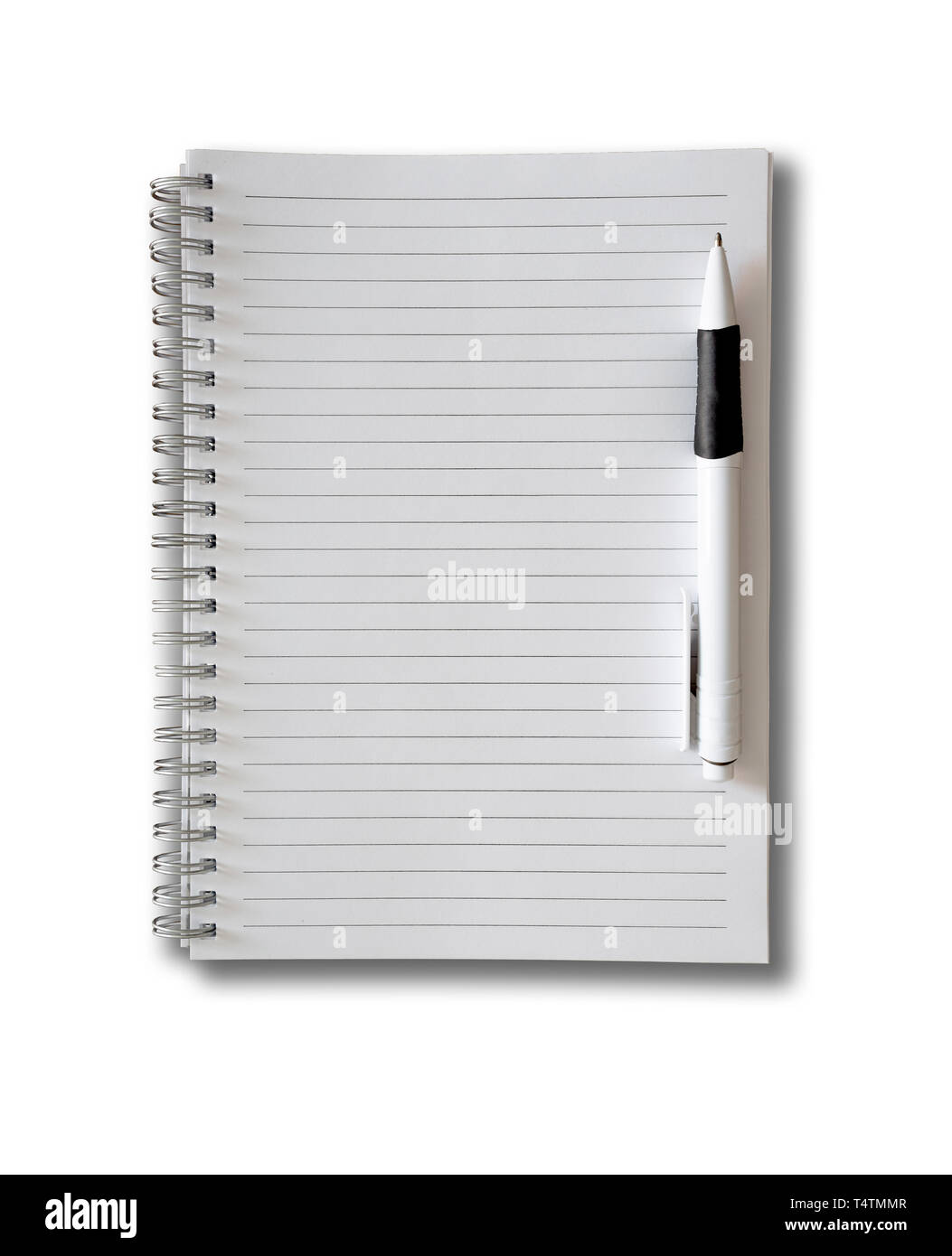 spiral-bound ruled paper notepad with ballpoint pen isolated on white Stock Photo