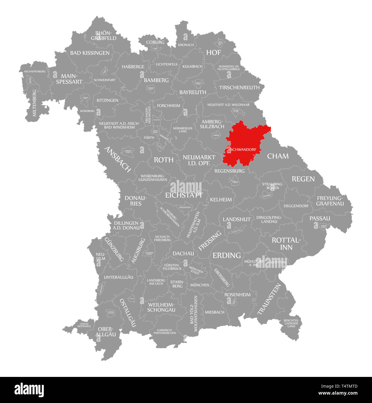 Schwandorf county red highlighted in map of Bavaria Germany Stock Photo