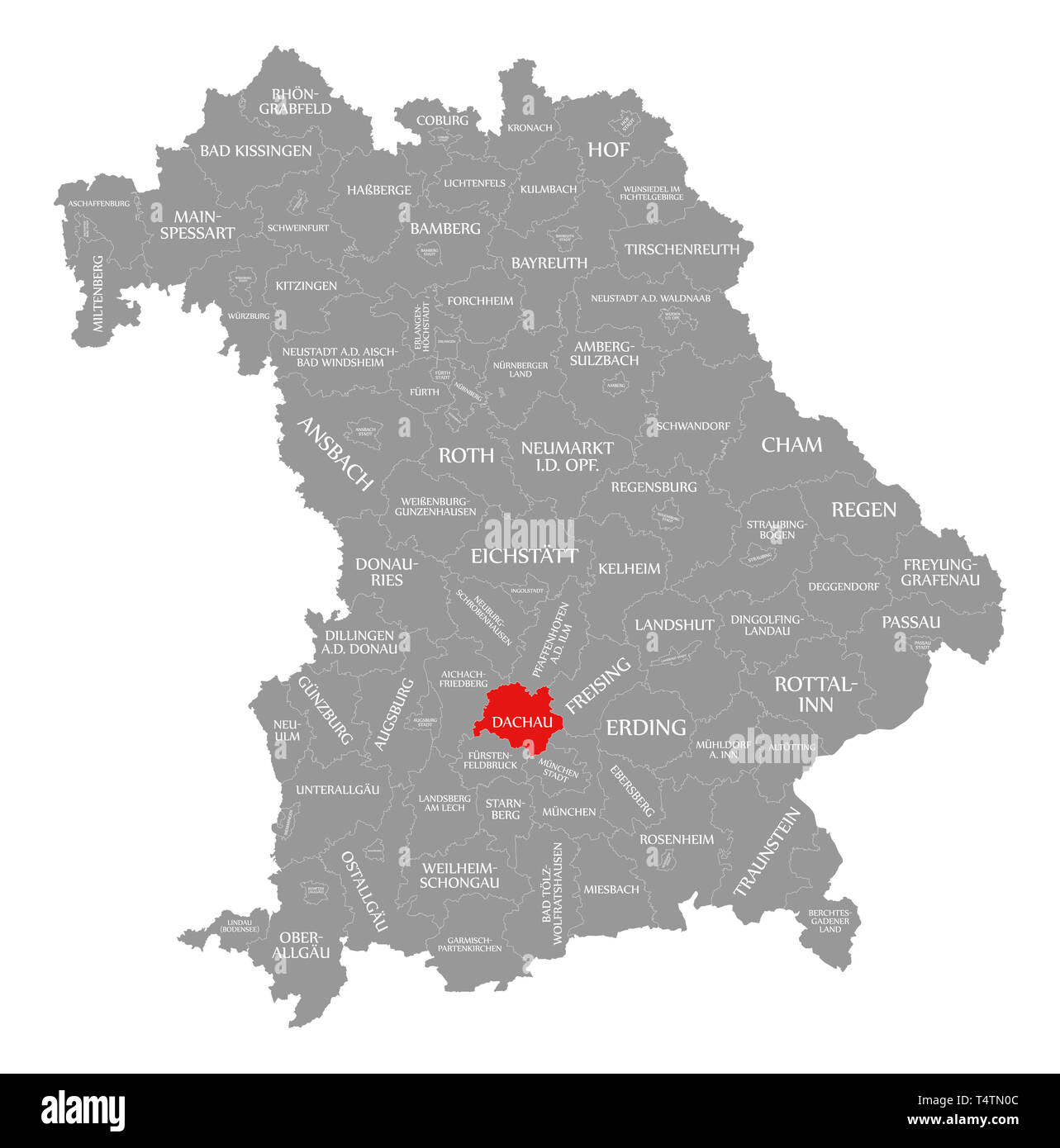 Dachau county red highlighted in map of Bavaria Germany Stock Photo
