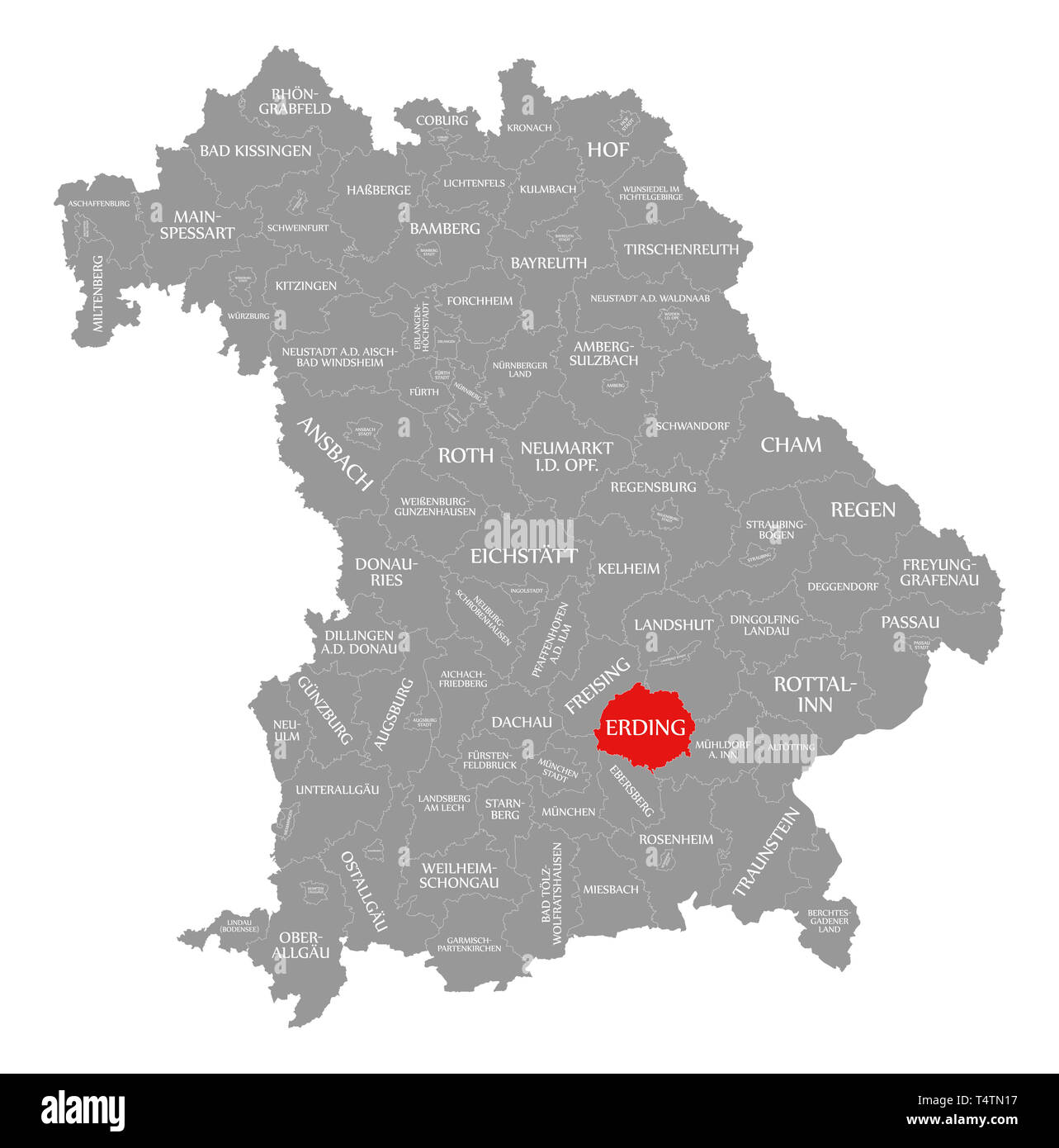 Erding county red highlighted in map of Bavaria Germany Stock Photo