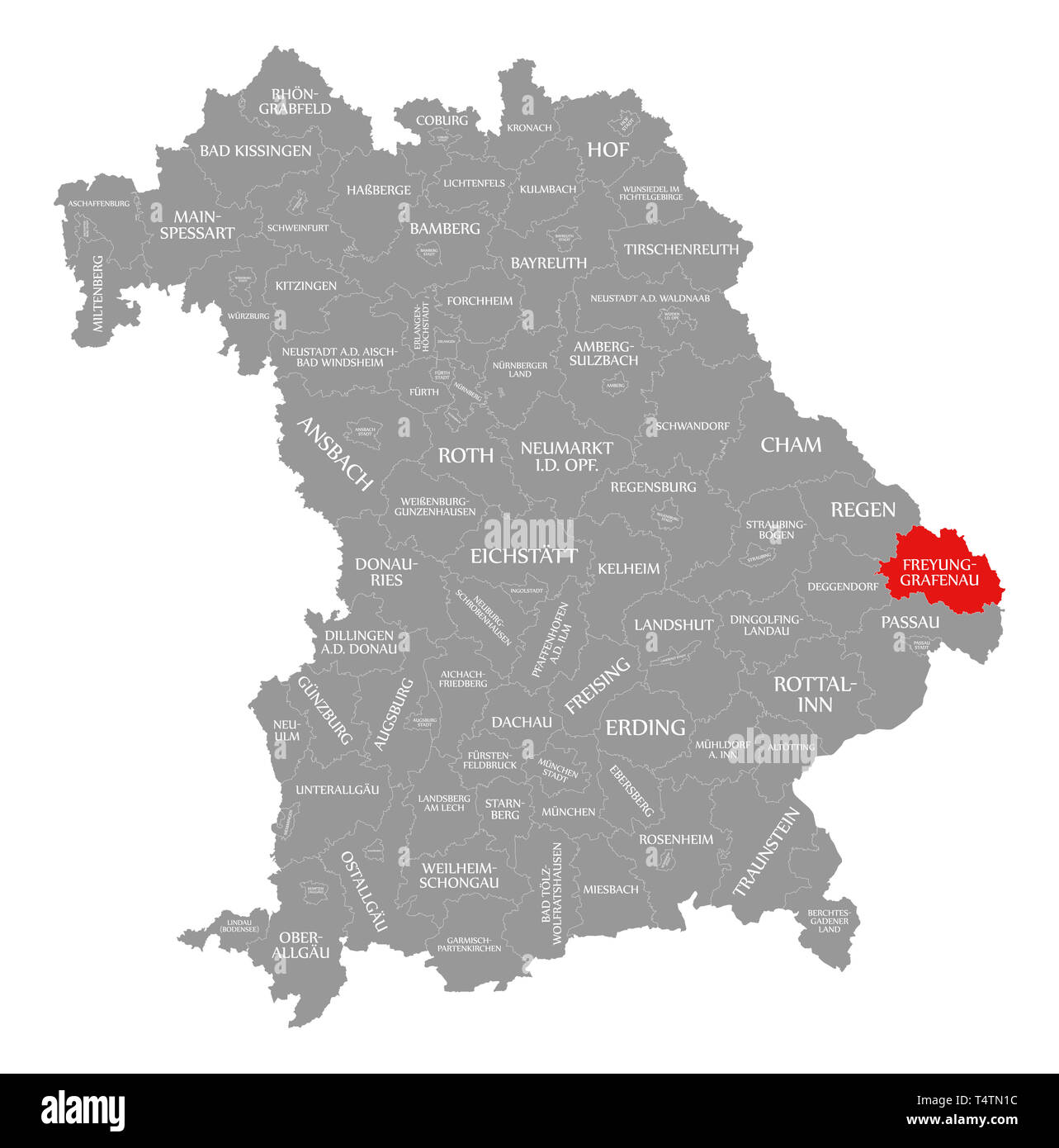 Freyung-Grafenau county red highlighted in map of Bavaria Germany Stock Photo