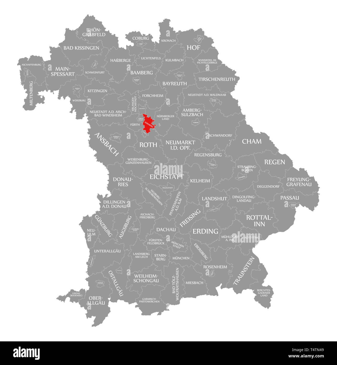 Nuremberg City Red Highlighted In Map Of Bavaria Germany T4TN49 