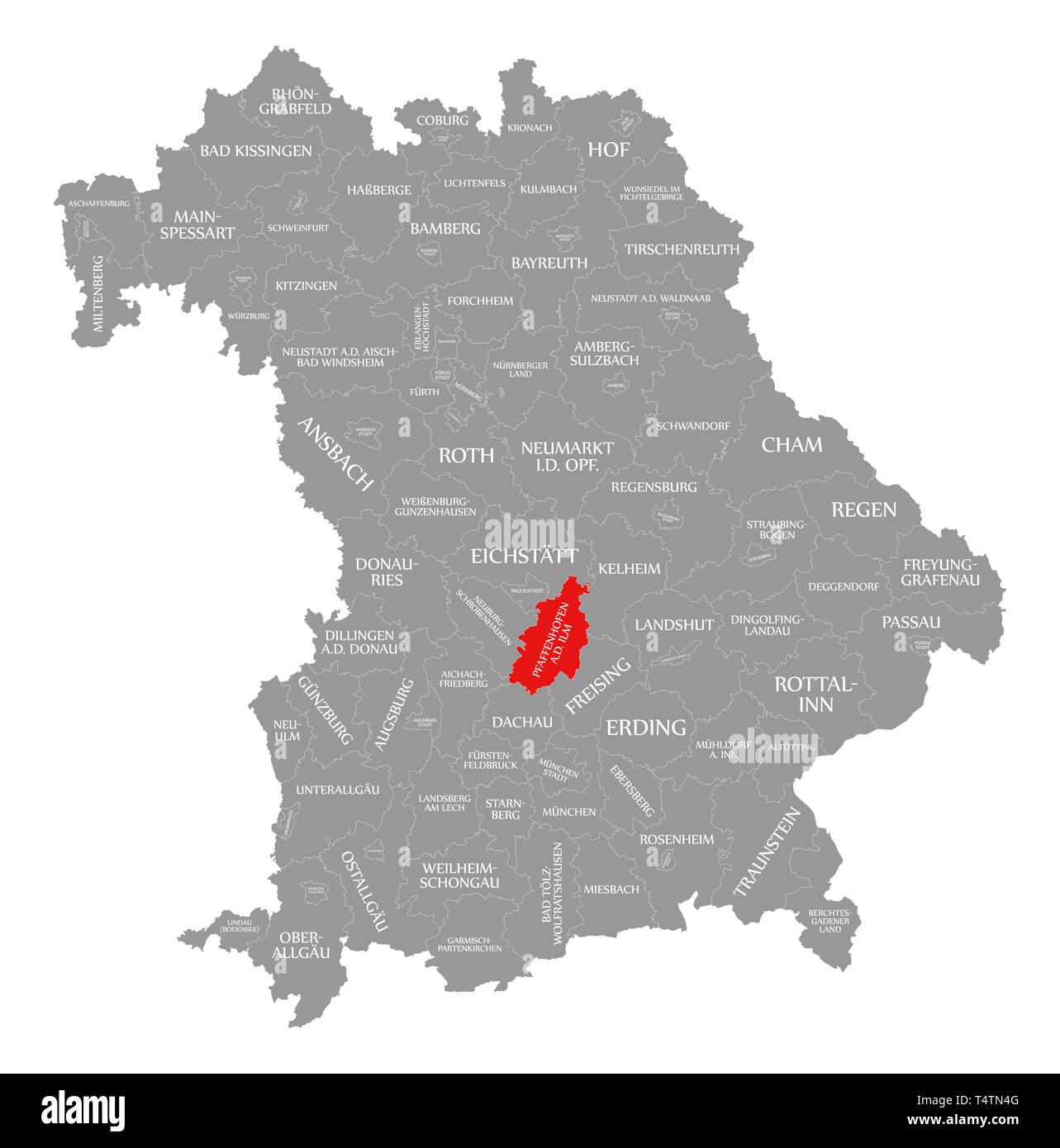 Pfaffenhofen a.d. Ilm county red highlighted in map of Bavaria Germany Stock Photo