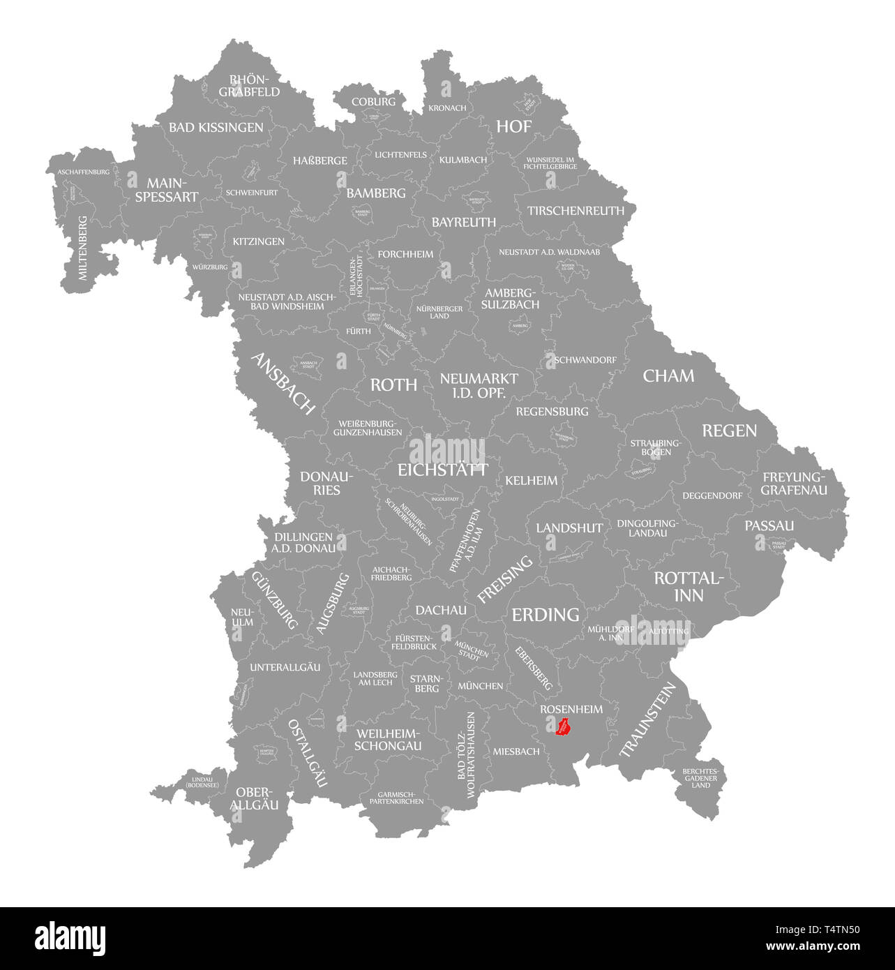 Rosenheim city red highlighted in map of Bavaria Germany Stock Photo