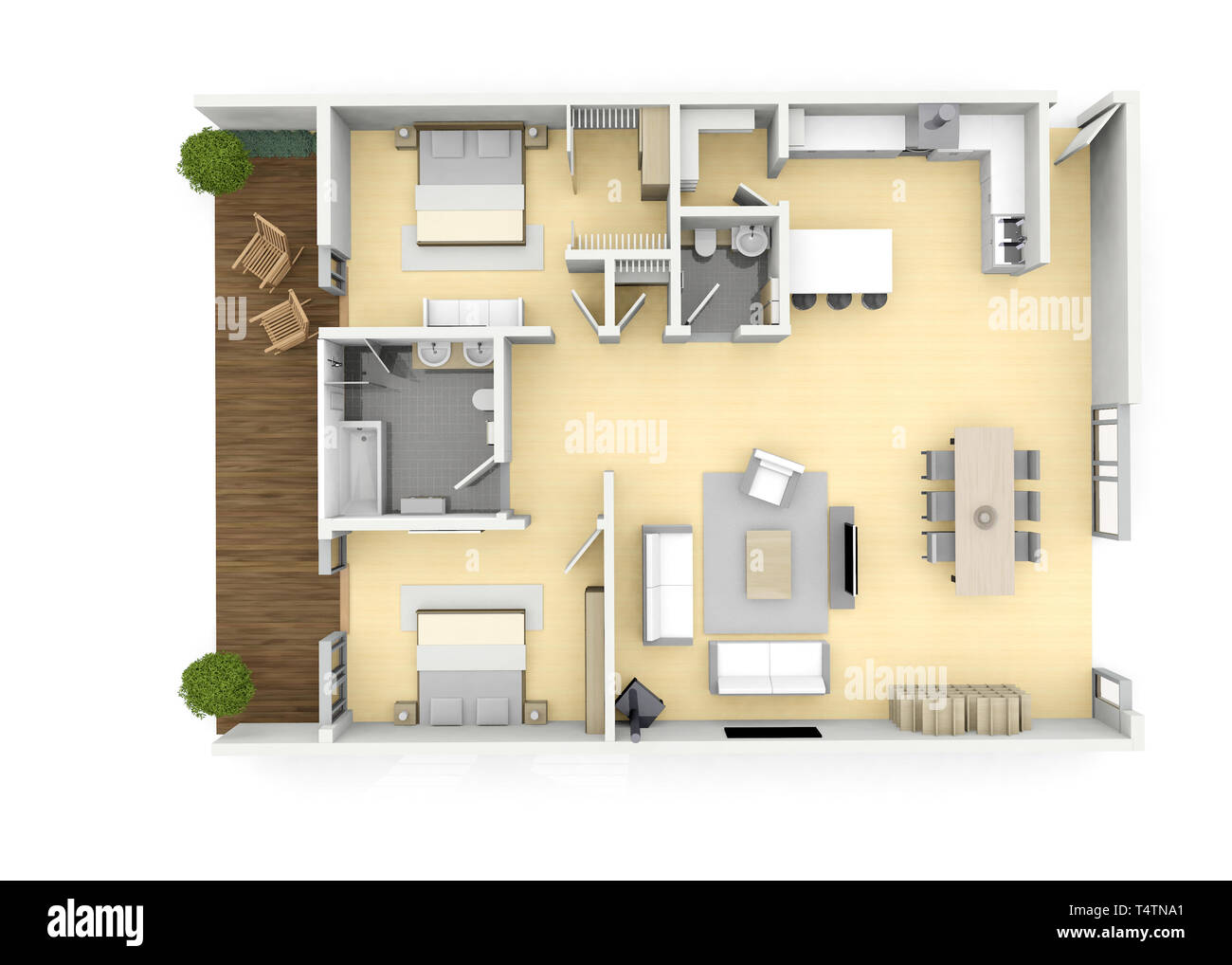 Floorplan of a modern luxury apaertment with 2 double bedrooms on a