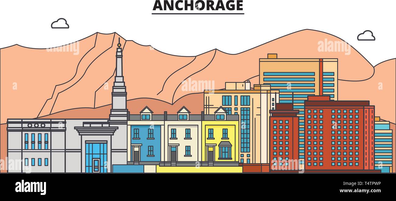 Anchorage , United States, outline travel skyline vector illustration.  Stock Vector
