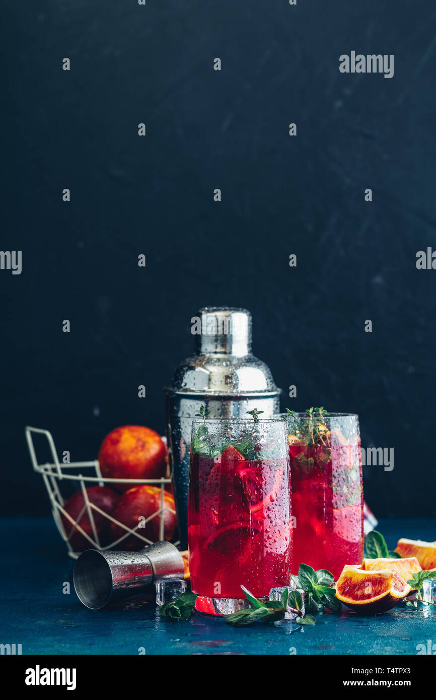 Cocktail bloody orange margarita in highball glass. Refreshing summer drinks. Cocktail blood