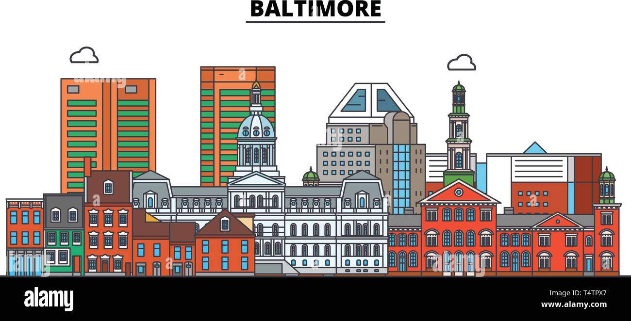 Baltimore , United States, outline travel skyline vector illustration.  Stock Vector