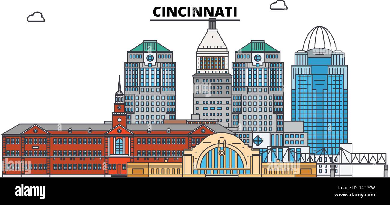 Cincinnati , United States, outline travel skyline vector illustration.  Stock Vector