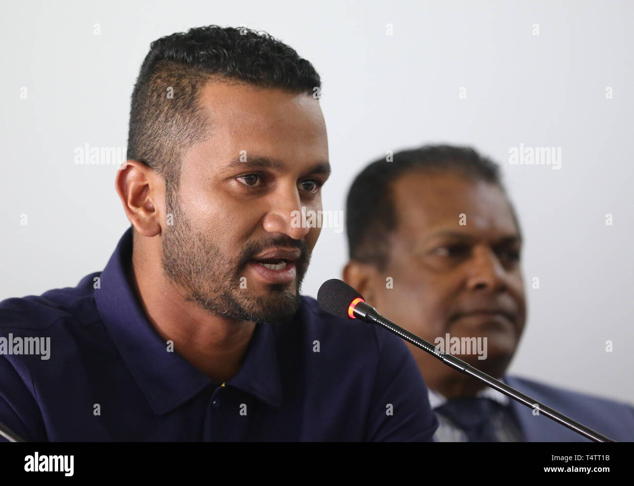 Colombo, Sri Lanka. 18th Apr, 2019. Sri Lanka's newly appointed captain for the ICC cricket World Cup, Dimuth Krunaratne speaks at a press conference in Colombo, Sri Lanka, Thursday, 18 April, 2019. Sri Lanka on April 18 dumped established stars including former captain Dinesh Chandimal from their one-day team in a mass clearout for the World Cup. Credit: Pradeep Dambarage/Pacific Press/Alamy Live News Stock Photo