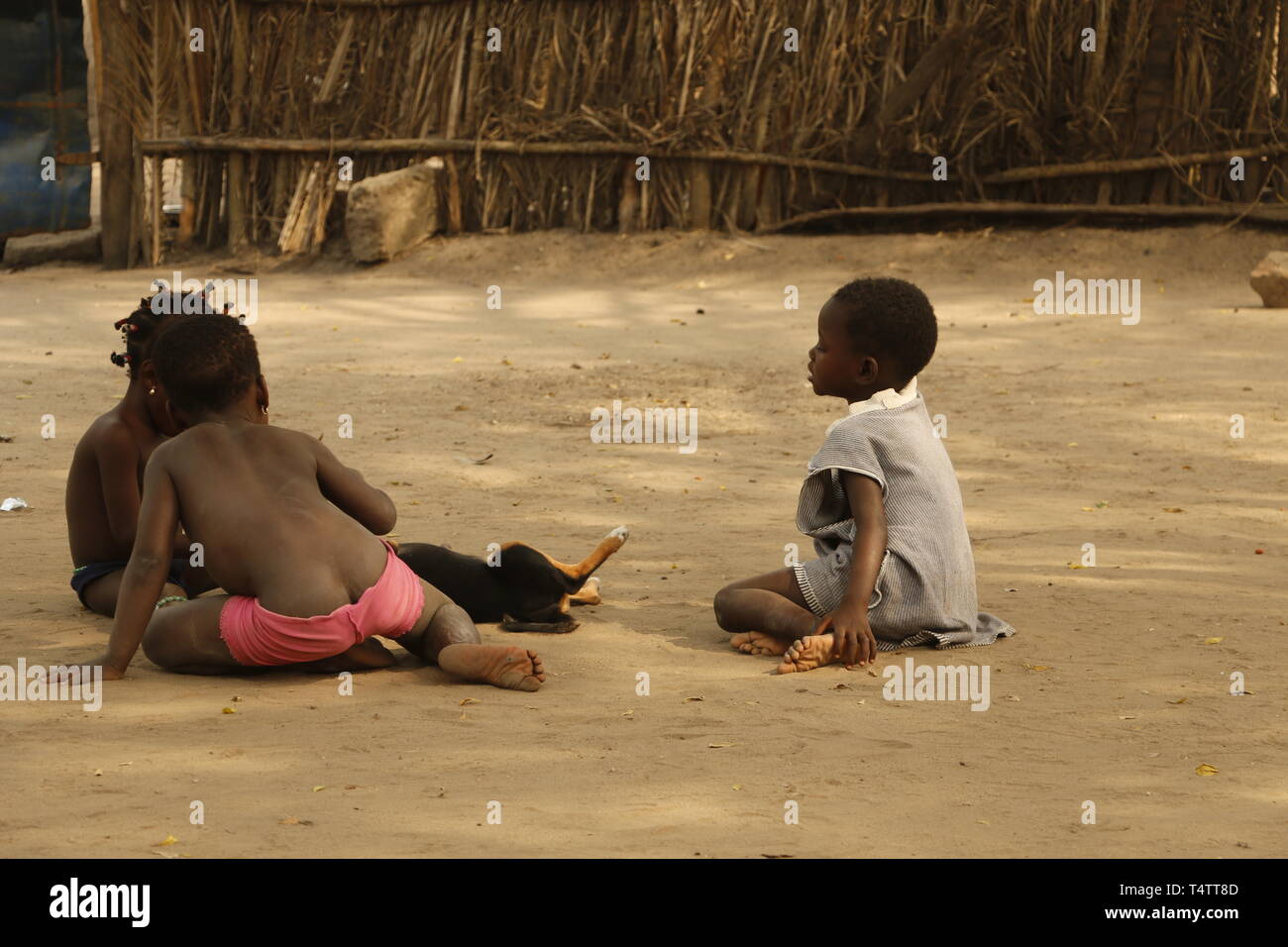 Countryside in Togo, Children playing with a dog. Stock Photo