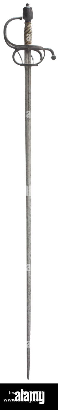 A German small-sword circa 1600. Double-edged blade of flattened hexagonal section, with short fullers. Blackened swept hilt, the grip with added brass wire binding and Turk´s heads, a later(?) blackened, faceted pommel with top nut. Length 124 cm. historic, historical, sword, swords, weapons, arms, weapon, arm, fighting device, military, militaria, object, objects, stills, clipping, clippings, cut out, cut-out, cut-outs, melee weapon, melee weapons, metal, 17th century, Additional-Rights-Clearance-Info-Not-Available Stock Photo