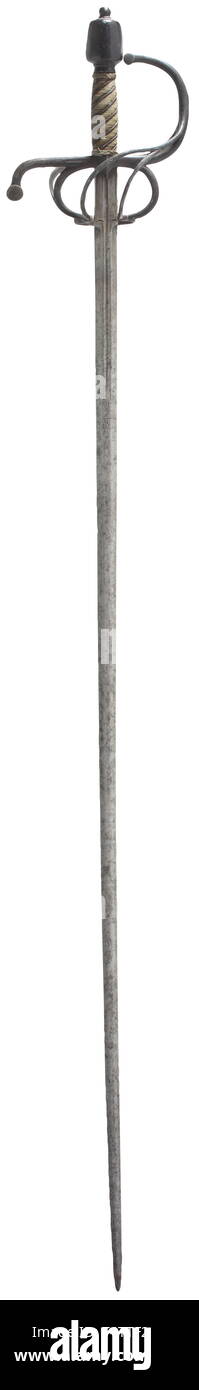 A German small-sword circa 1600. Double-edged blade of flattened hexagonal section, with short fullers. Blackened swept hilt, the grip with added brass wire binding and Turk´s heads, a later(?) blackened, faceted pommel with top nut. Length 124 cm. historic, historical, sword, swords, weapons, arms, weapon, arm, fighting device, military, militaria, object, objects, stills, clipping, clippings, cut out, cut-out, cut-outs, melee weapon, melee weapons, metal, 17th century, Additional-Rights-Clearance-Info-Not-Available Stock Photo