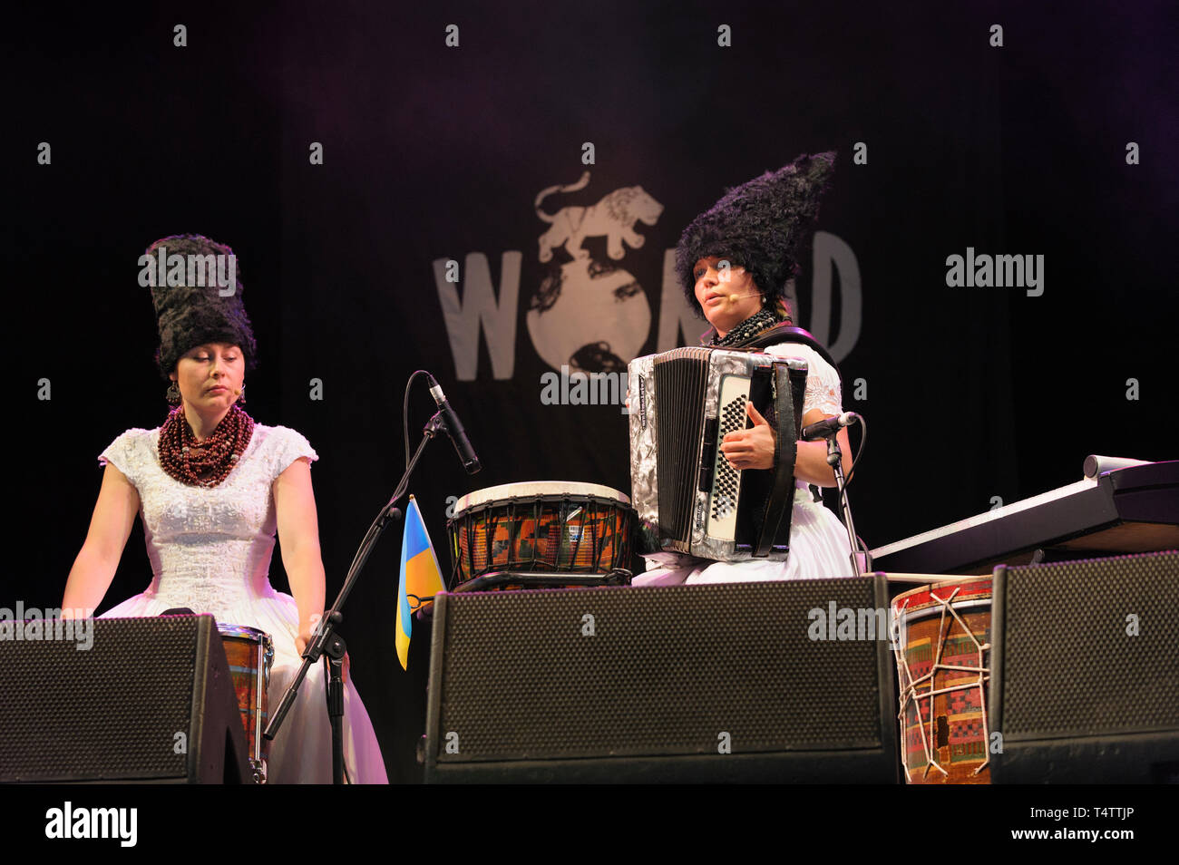 Olena Tsibulska and Iryna Kovalenko performing with Ukrainian band, Dakha Brakha at the Womad Festival, Charlton Park, UK, July 27, 2014. Stock Photo