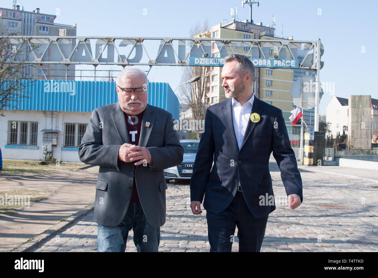 Former president of Poland and Solidarity leader Lech Walesa and his son Jaroslaw Walesa hold a press conference in front of Gate 2 at the Gdansk Ship Stock Photo