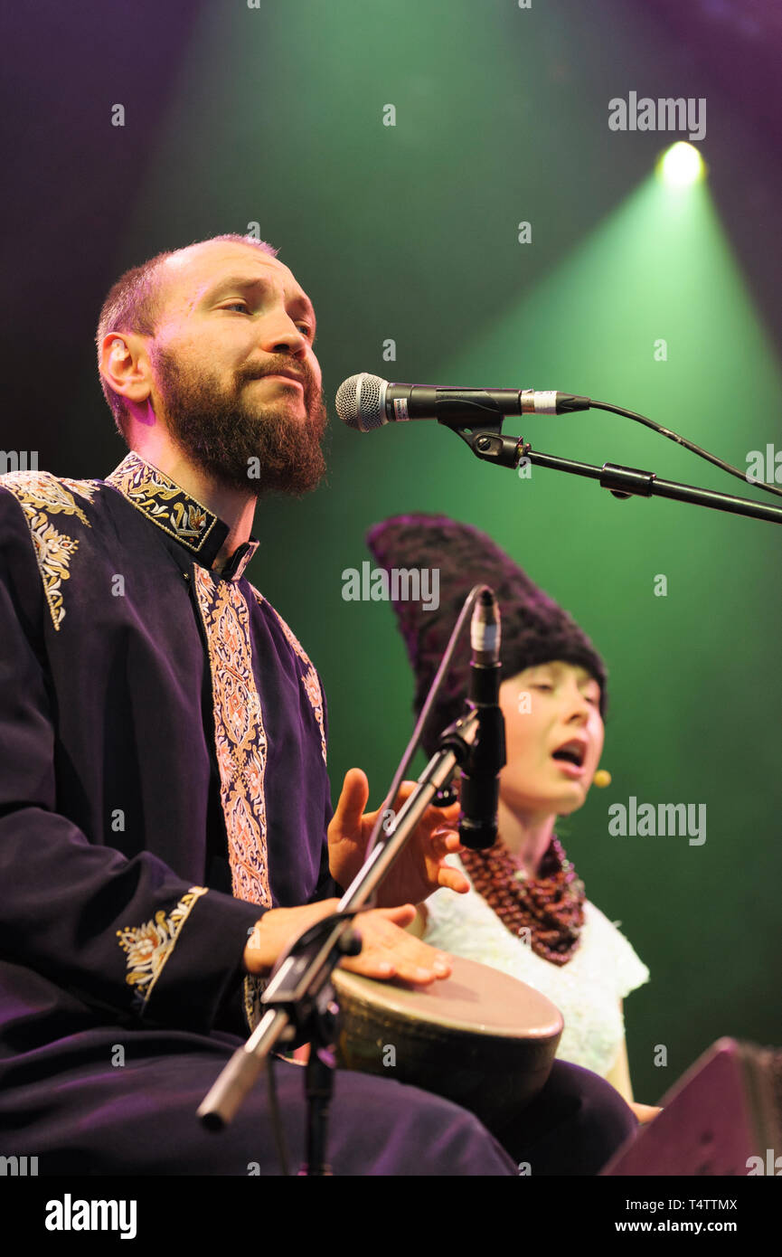 Marko Halanevych and Olena Tsibulska performing with Ukrainian band, Dakha Brakha at the Womad Festival, Charlton Park, UK, July 27, 2014. Stock Photo