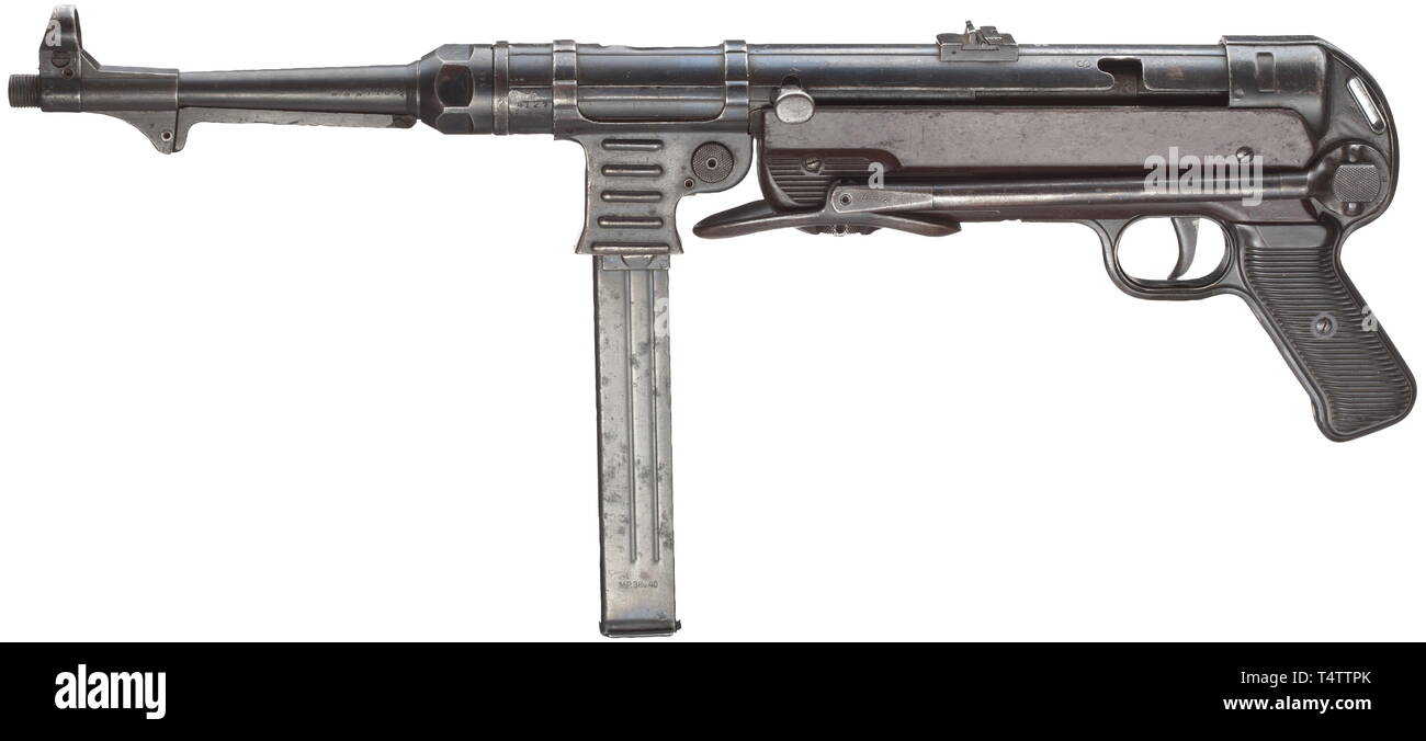 SERVICE WEAPONS, GERMANY UNTIL 1945, submachine gun model 40 (MP 40), Code bnz 44, DEKO, calibre 9 mm Para, manufactured 1944 by Steyr-Daimler-Puch AG, Steyr, Editorial-Use-Only Stock Photo