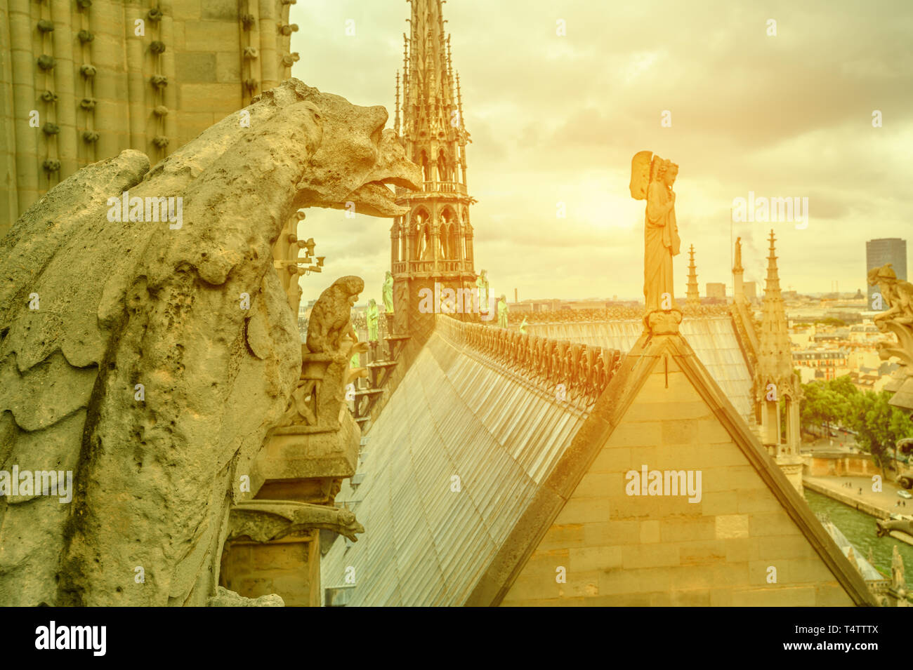 mythological gargoyle statue of Notre Dame cathedral on Paris skyline at sunset. Paris city capital of France. Top aerial view of the gothic church Stock Photo