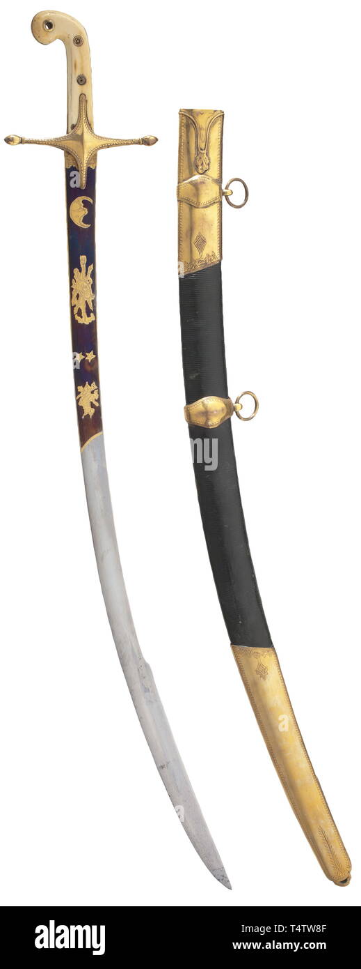 An officerïs sabre in oriental style. Mid-19th century. Single-edged blade with yelmen (blade slightly bent, refinished, bluing and gilding renewed). Brass cross-guard, the gilding faded, with ivory grip scales (cracks). Including wooden scabbard covered in black leather, with gilt brass fittings and two carrying rings. Length 93.5 cm. Cf. Lhoste/Resek, Les Sabres, page 60 (no. 11). historic, historical, 19th century, Europe, 19th century, Additional-Rights-Clearance-Info-Not-Available Stock Photo