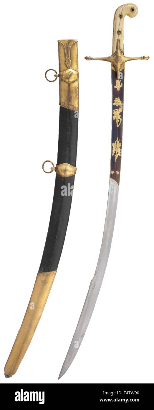 An officerïs sabre in oriental style. Mid-19th century. Single-edged blade with yelmen (blade slightly bent, refinished, bluing and gilding renewed). Brass cross-guard, the gilding faded, with ivory grip scales (cracks). Including wooden scabbard covered in black leather, with gilt brass fittings and two carrying rings. Length 93.5 cm. Cf. Lhoste/Resek, Les Sabres, page 60 (no. 11). historic, historical, 19th century, Europe, 19th century, Additional-Rights-Clearance-Info-Not-Available Stock Photo