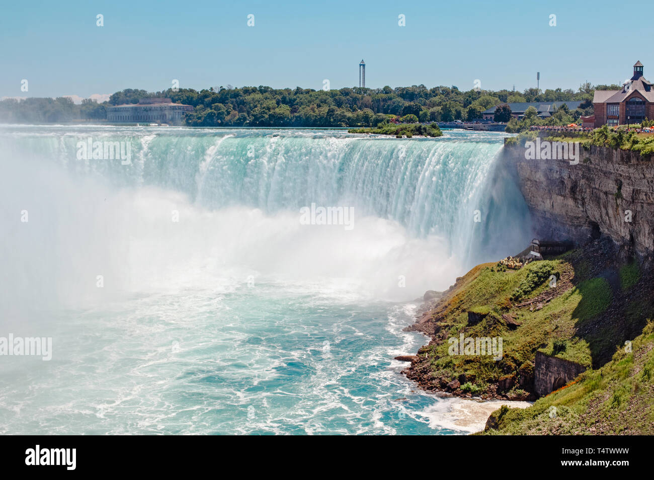 Aerial Top Landscape View Of Niagara Falls Between United States Of America And Canada Horseshoe Of Canadian Waterfall On Sunny Day Water Tour Boat Stock Photo Alamy