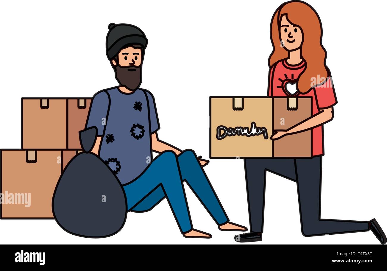 woman volunteer giving a homeless man donations box Stock Vector Image ...