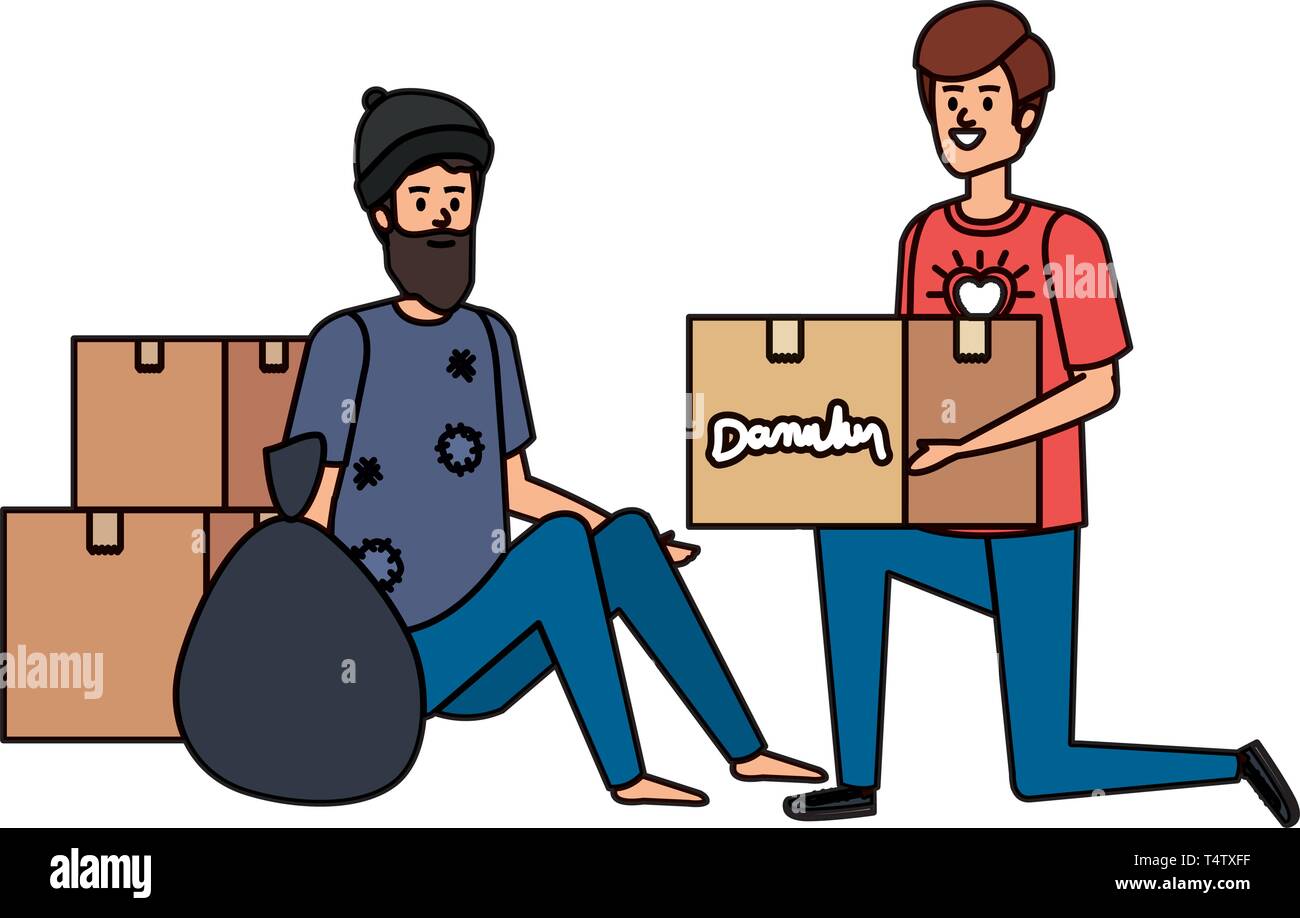 man volunteer giving a homeless man donations box Stock Vector Image ...