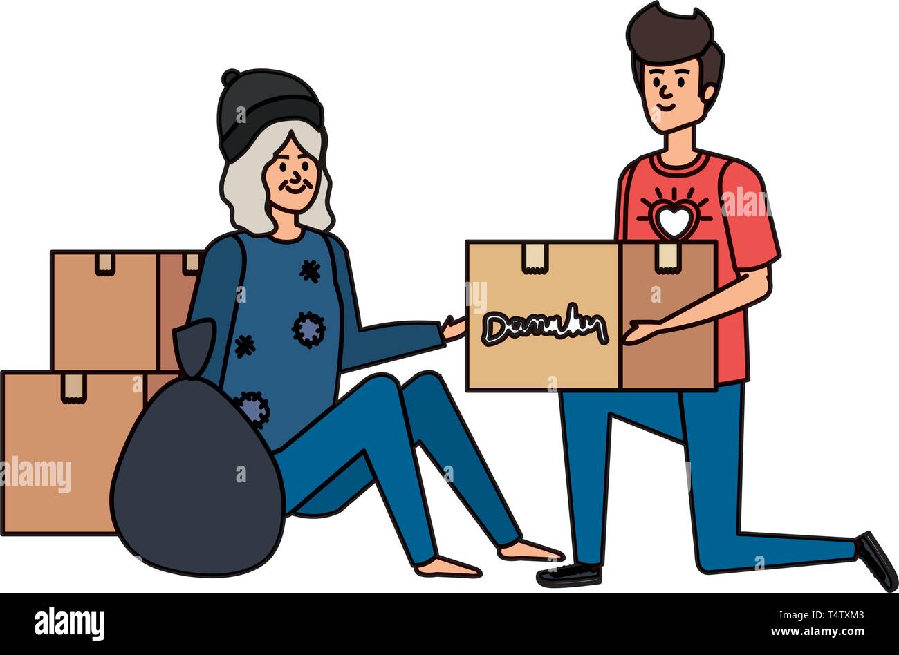 man volunteer giving a homeless woman donations box Stock Vector Image ...