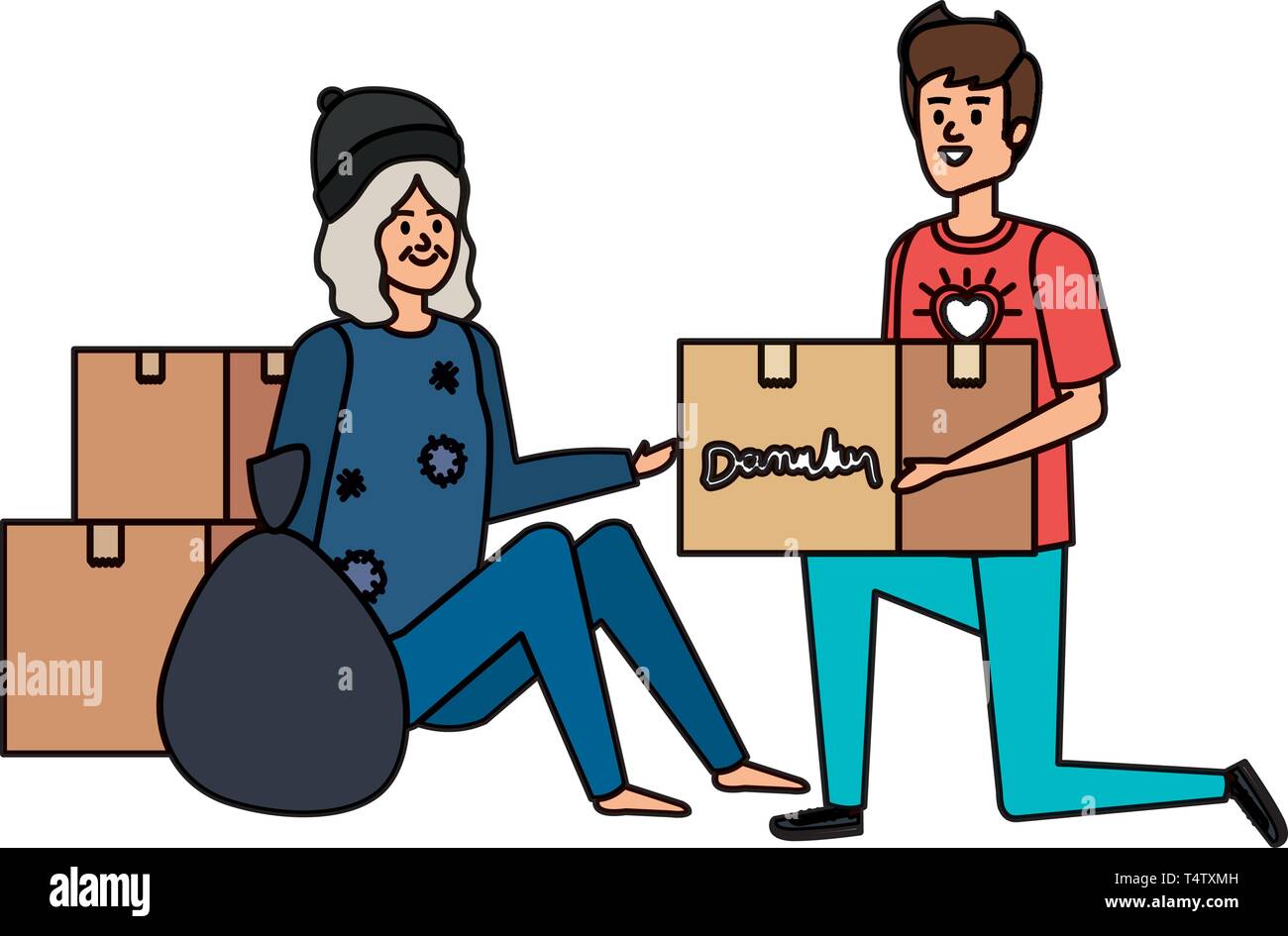 man volunteer giving a homeless woman donations box Stock Vector Image ...