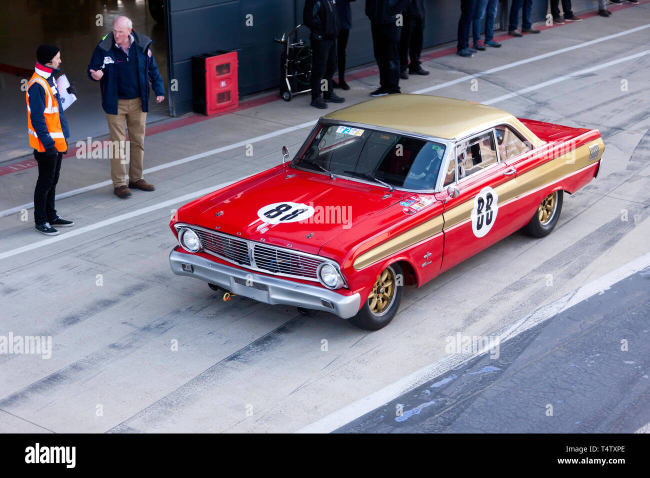 Aerial view of a Red, 1964, Ford Falcon, Touring Car,  in the International Pit Lane,  during the 2019 Silverstone Classic Media Day Stock Photo