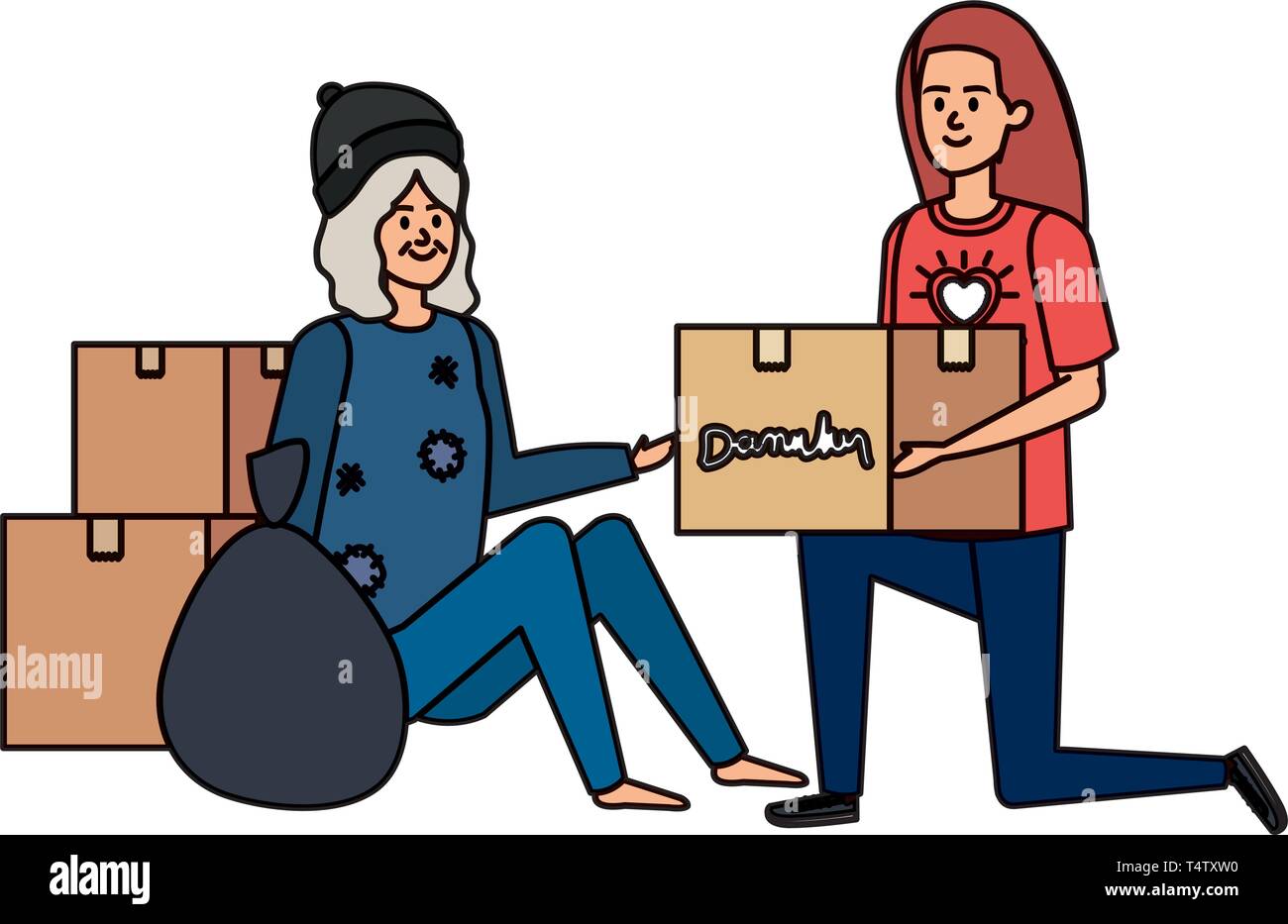 woman volunteer giving a homeless woman donations box Stock Vector ...