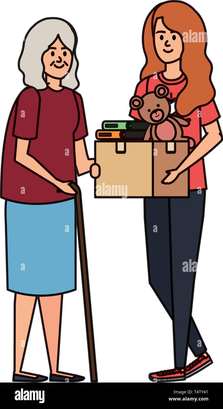 woman volunteer giving a old woman donations box Stock Vector Image ...