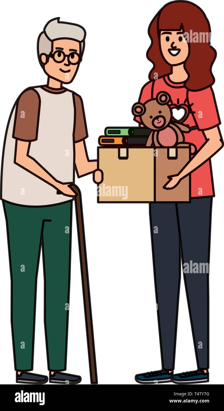 woman volunteer giving a old man donations box Stock Vector Image & Art ...