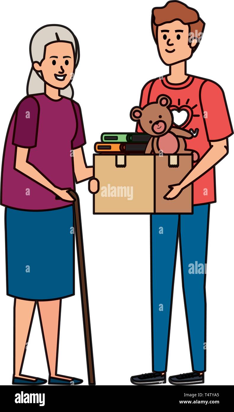 man volunteer giving a old woman donations box Stock Vector Image & Art ...