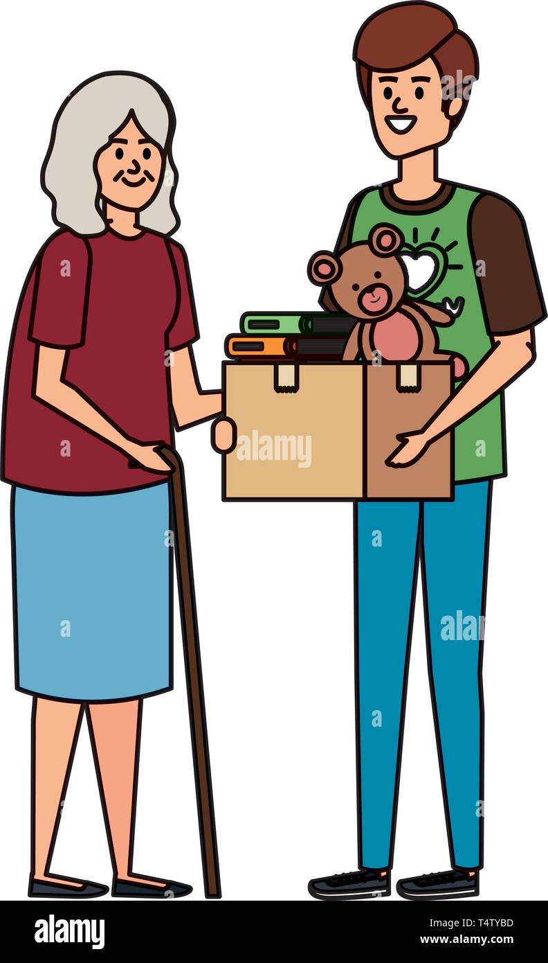 man volunteer giving a old woman donations box Stock Vector Image & Art ...