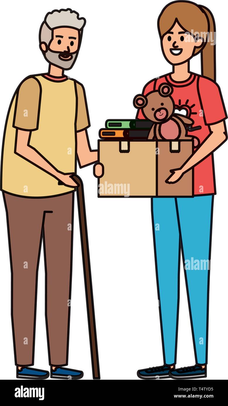 woman volunteer giving a old man donations box Stock Vector Image & Art ...