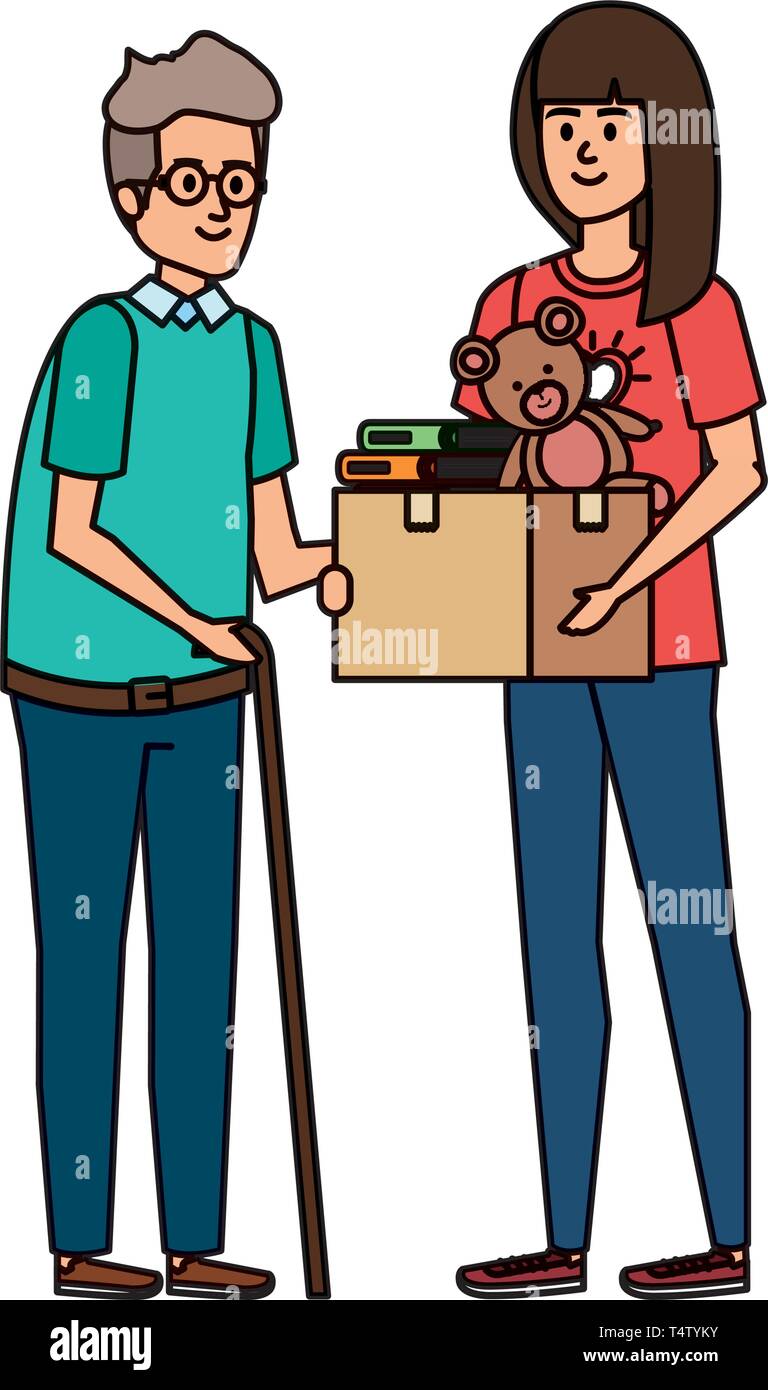woman volunteer giving a old man donations box Stock Vector Image & Art ...