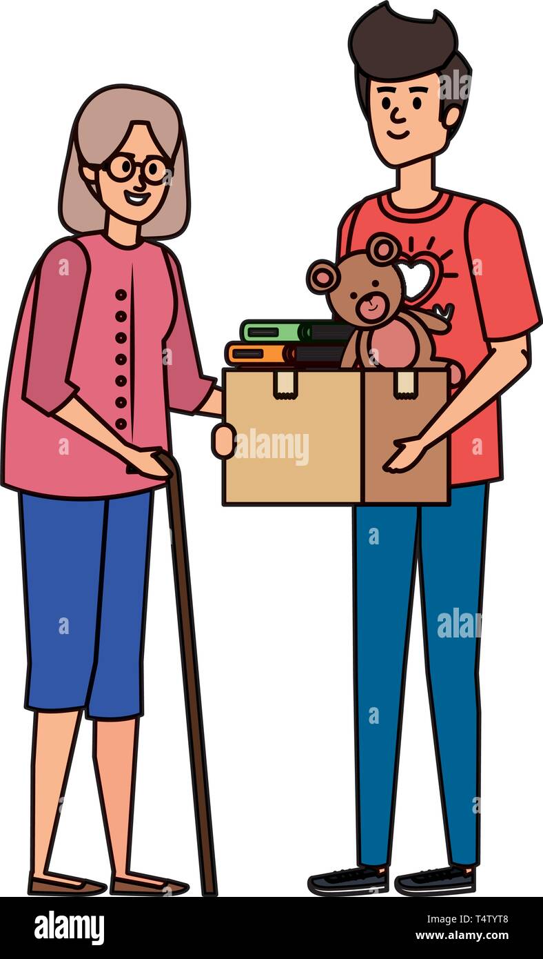 man volunteer giving a old woman donations box Stock Vector Image & Art ...