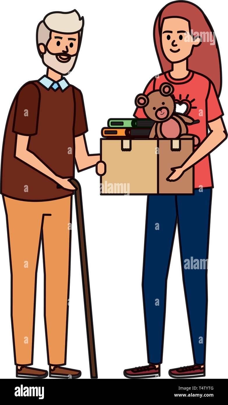 woman volunteer giving a old man donations box Stock Vector Image & Art ...