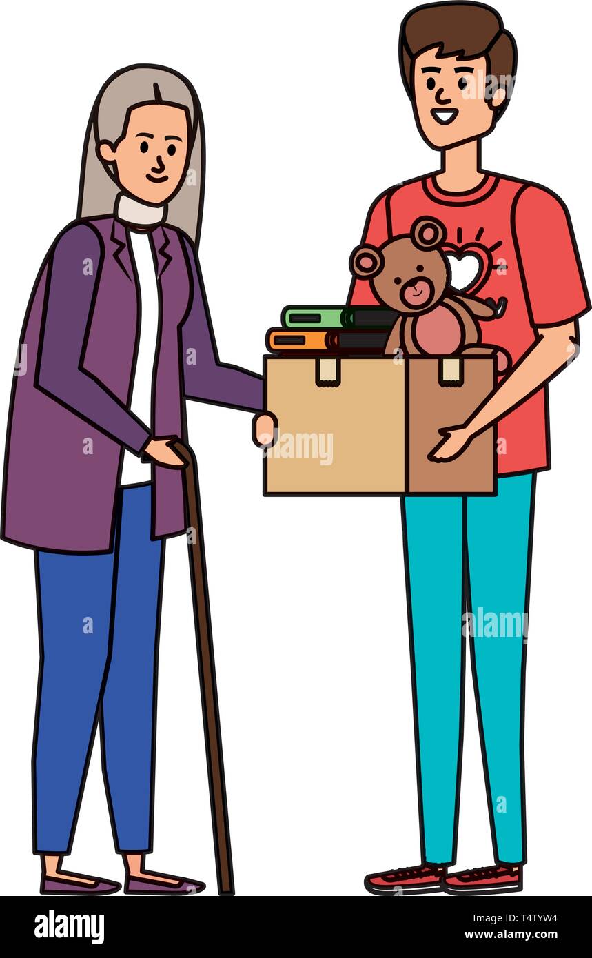 man volunteer giving a old woman donations box Stock Vector Image & Art ...